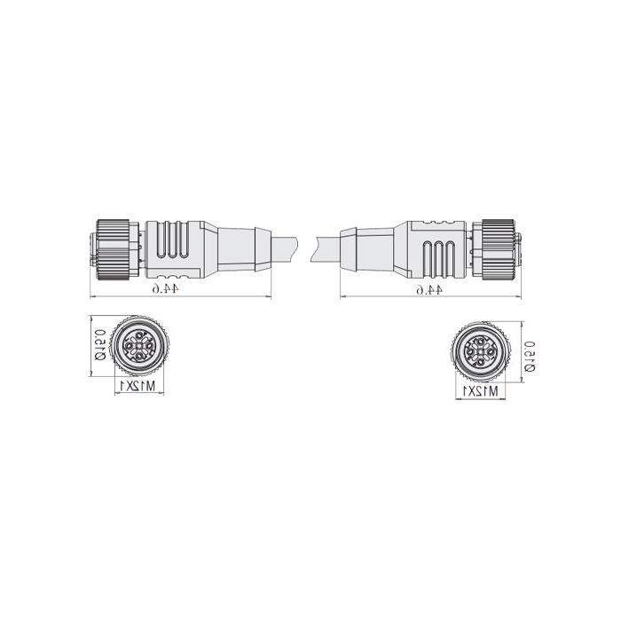 M12 4Pin D-coded、母头直型转母头直型、双端预铸PVC非柔性电缆、灰色护套、64DD63-XXX